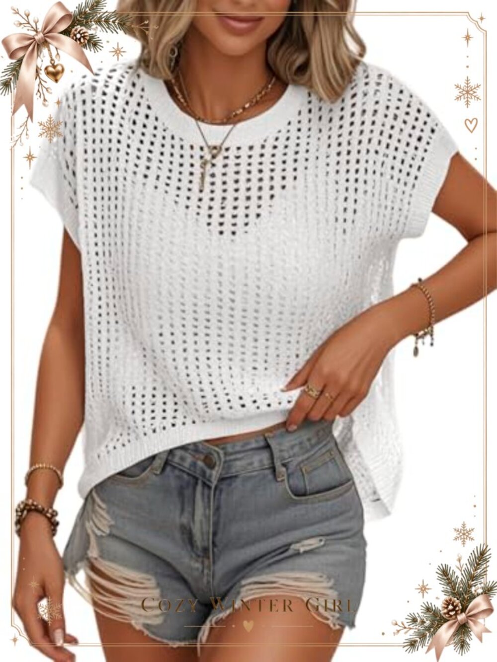 Womens Crochet Knit Tank Top Cap Sleeve Hollow Out Mesh Beach Cover Up